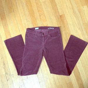 Mauve fine whale corduroy skinny boot pants